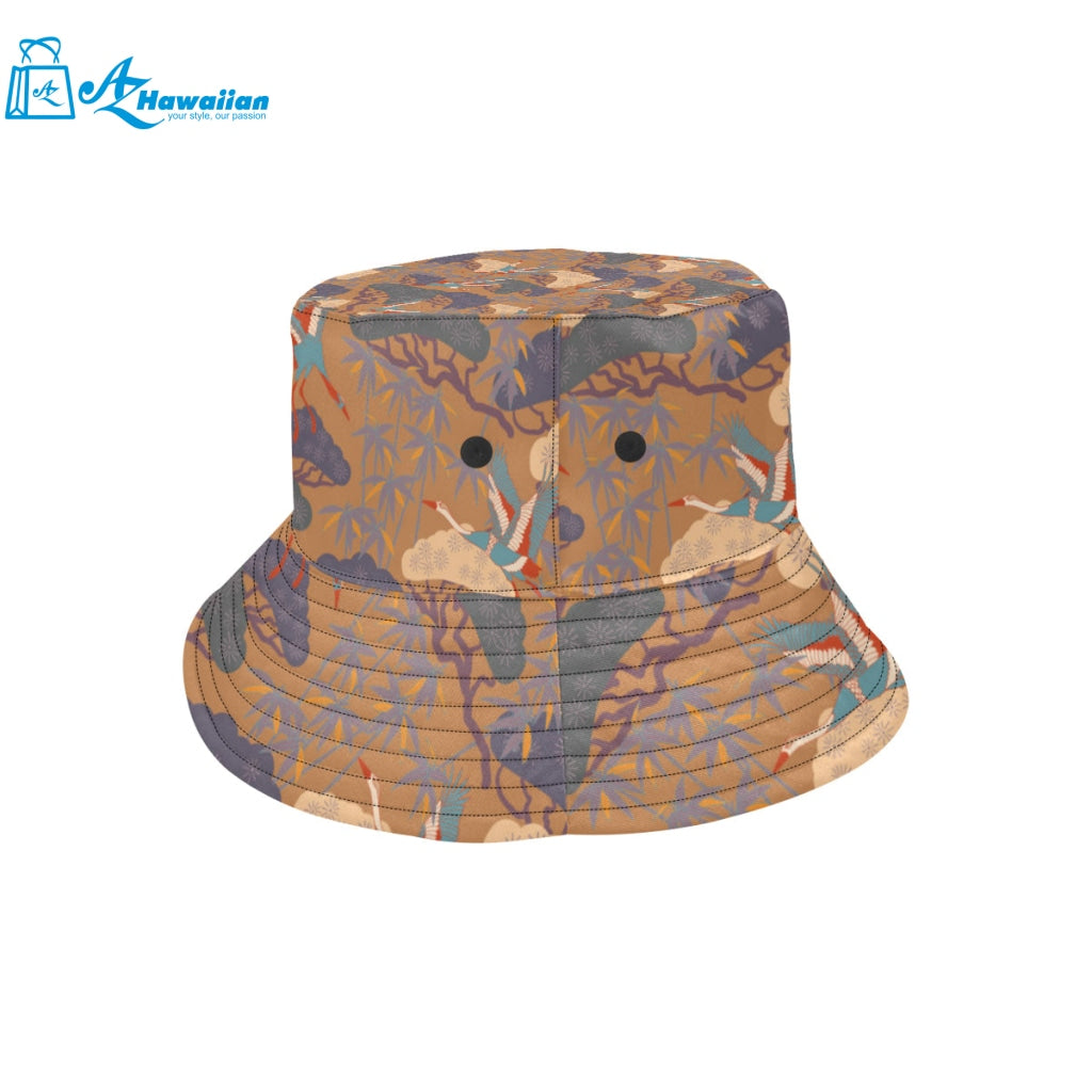 Bonsai bamboo stork japanese pattern brown theme Unisex Bucket Hat