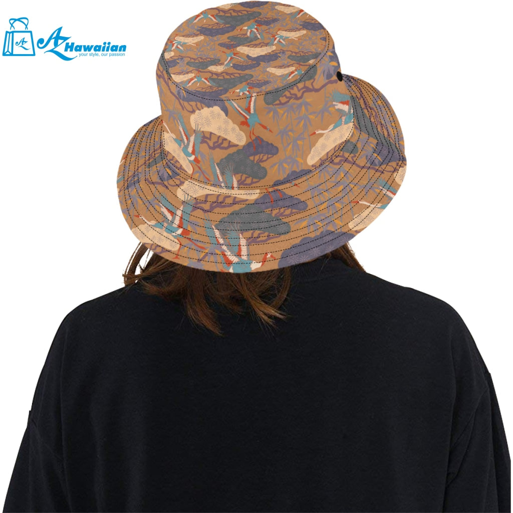 Bonsai bamboo stork japanese pattern brown theme Unisex Bucket Hat