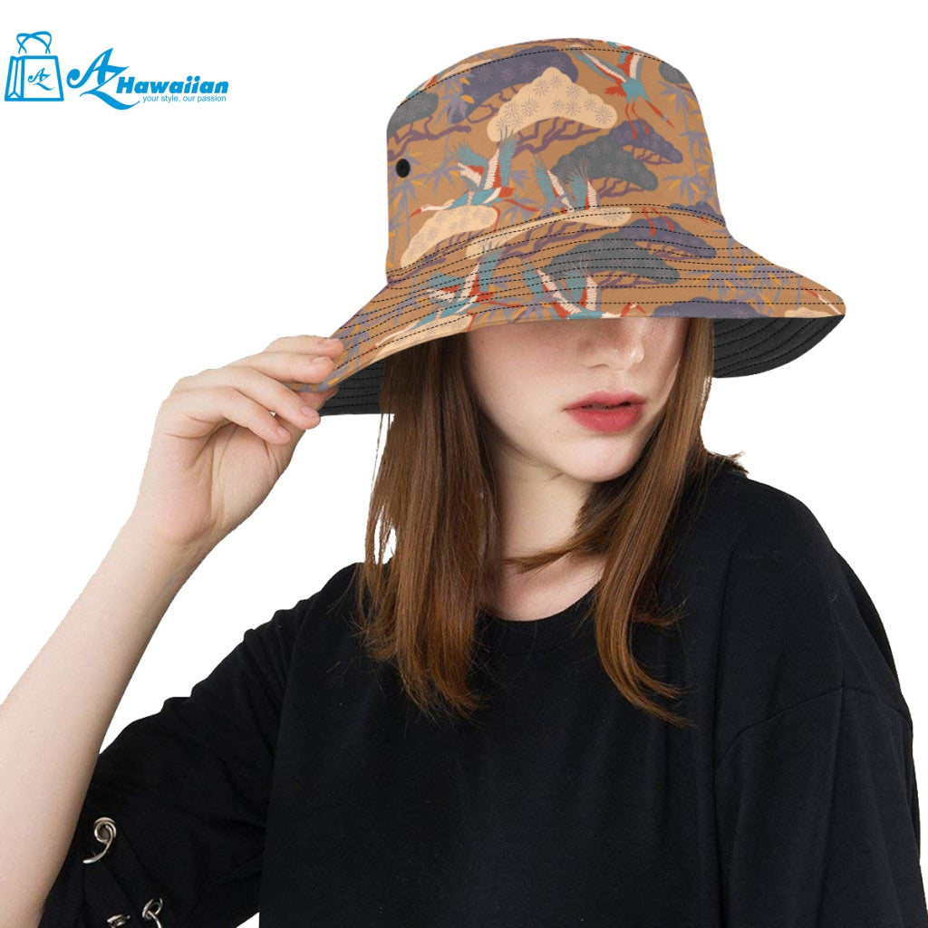 Bonsai bamboo stork japanese pattern brown theme Unisex Bucket Hat