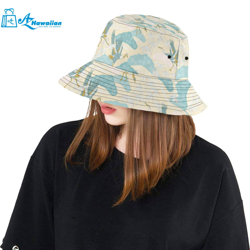 Bonsai bamboo stork japanese pattern cream theme Unisex Bucket Hat