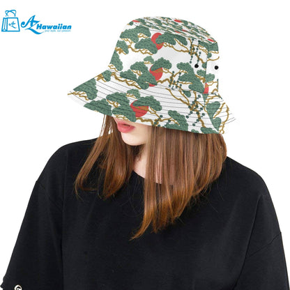 Bonsai red sun japanese pattern Unisex Bucket Hat