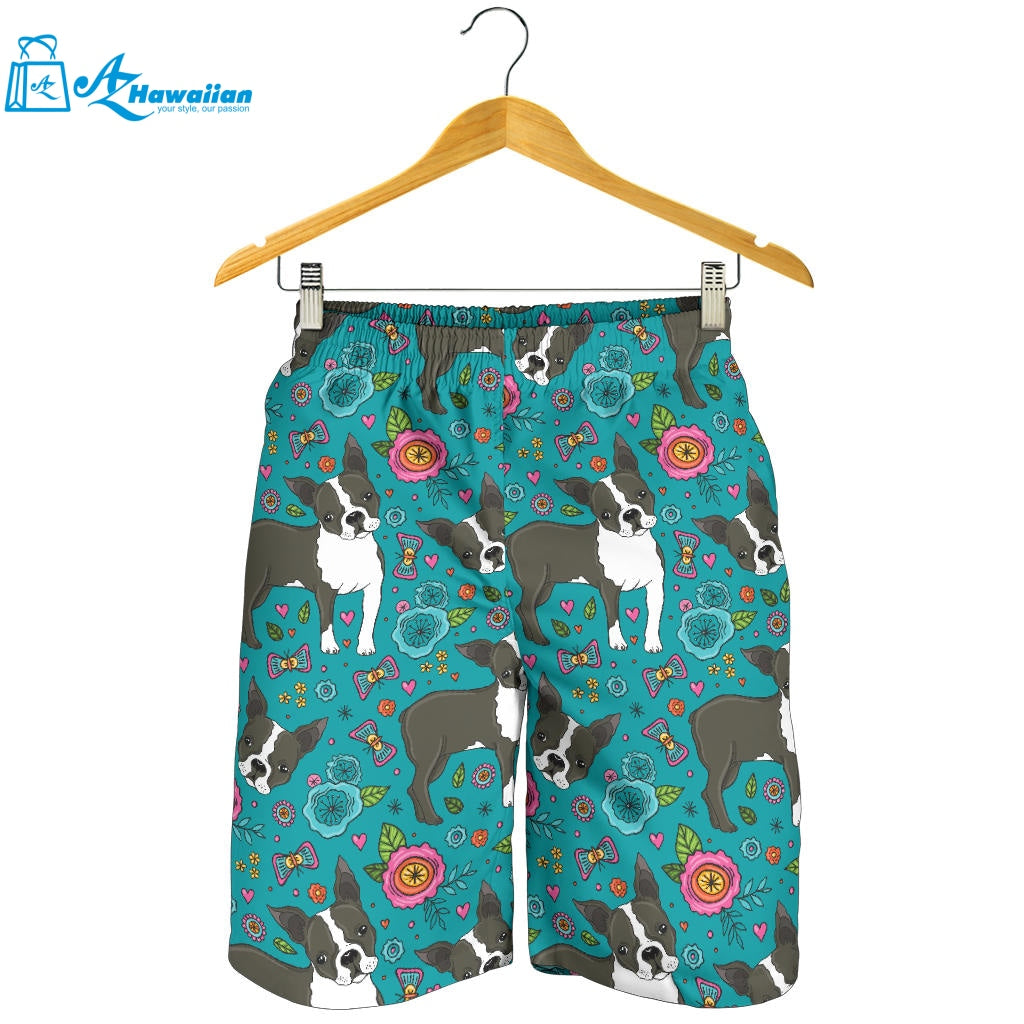 Boston Terrier Beautiful Flower Pattern Men Shorts