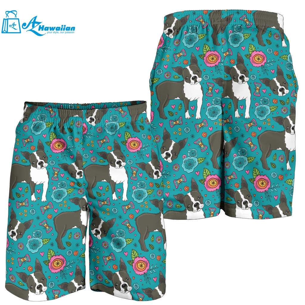 Boston Terrier Beautiful Flower Pattern Men Shorts