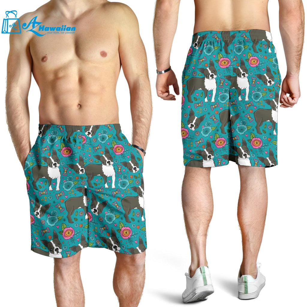 Boston Terrier Beautiful Flower Pattern Men Shorts