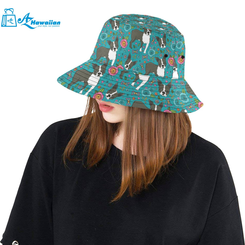 Boston terrier beautiful flower pattern Unisex Bucket Hat