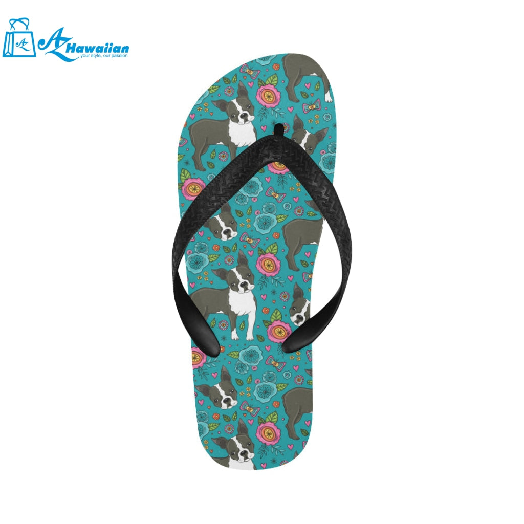 Boston terrier beautiful flower pattern Unisex Flip Flops