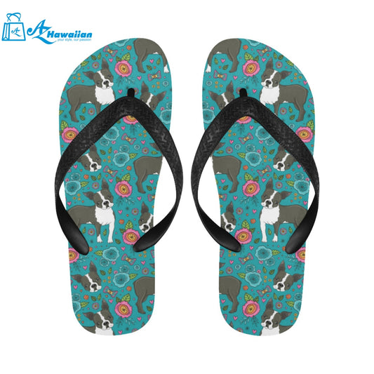 Boston terrier beautiful flower pattern Unisex Flip Flops