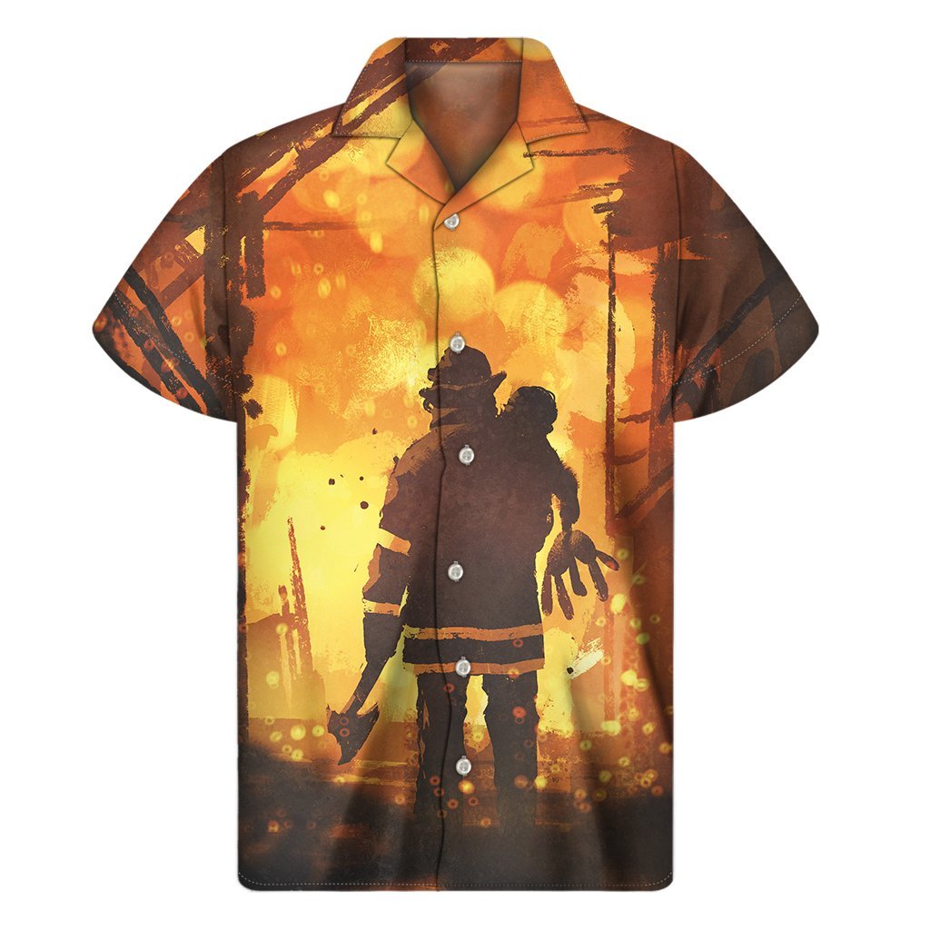 Brave Firefighter Painting Print Mens Short Sleeve Shirt Hawaiian