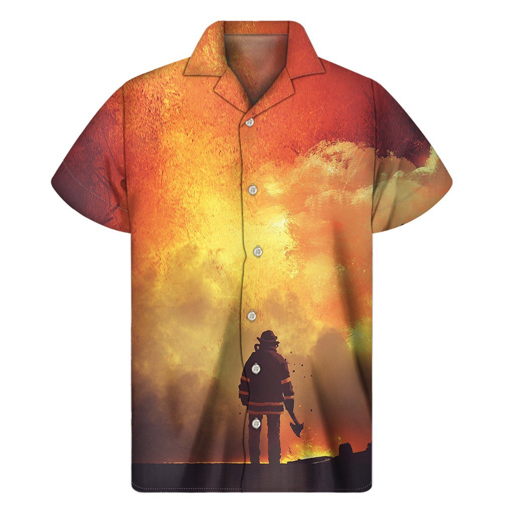 Brave Firefighter With Axe Print Mens Short Sleeve Shirt Hawaiian