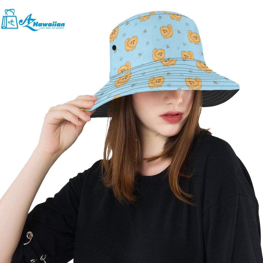 Brown cute pomeranian blue blackground Unisex Bucket Hat