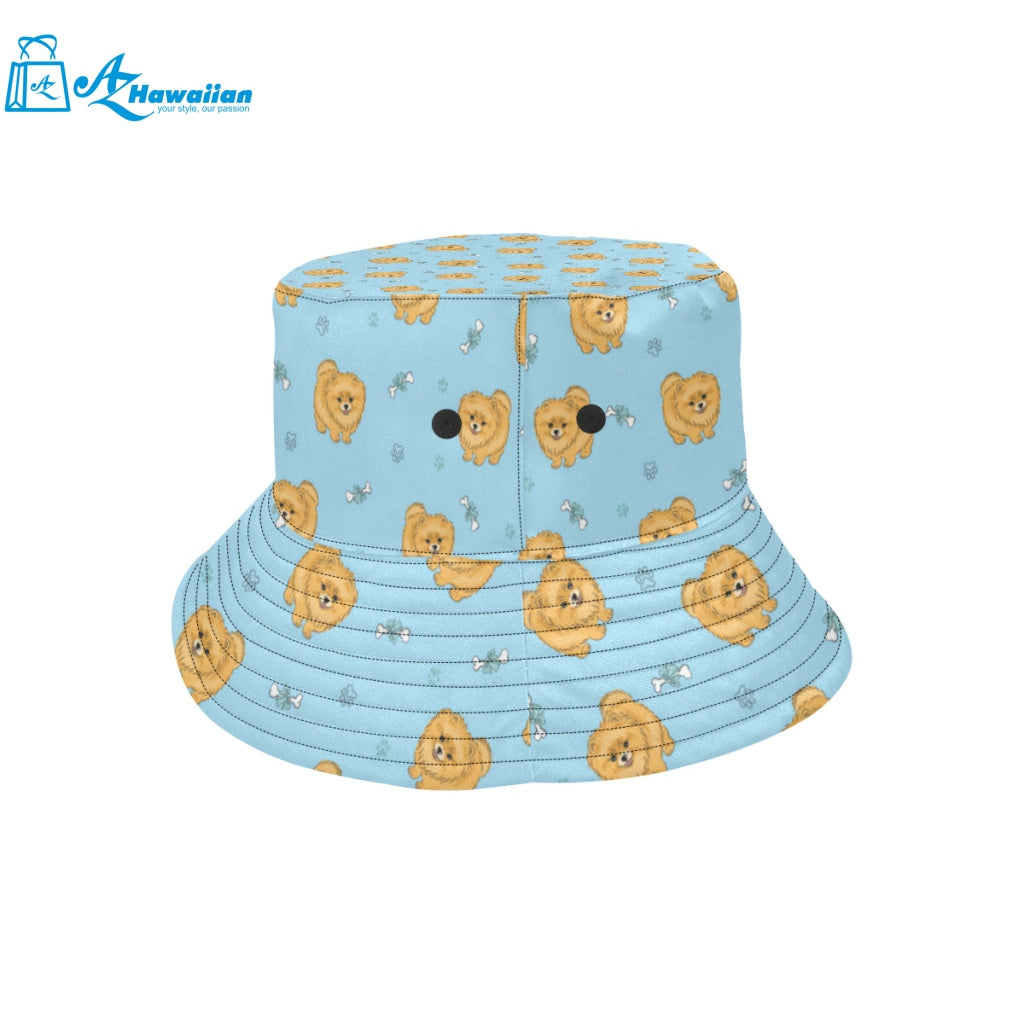 Brown cute pomeranian blue blackground Unisex Bucket Hat