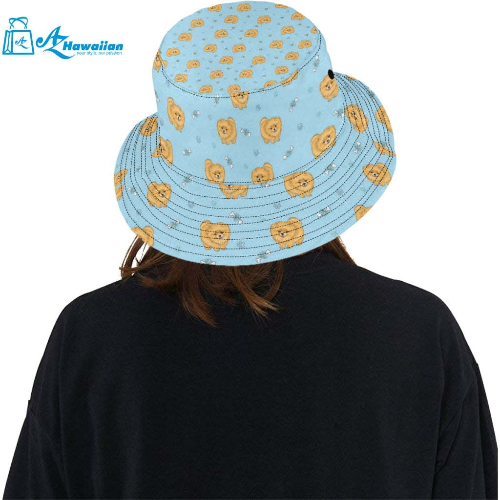 Brown cute pomeranian blue blackground Unisex Bucket Hat