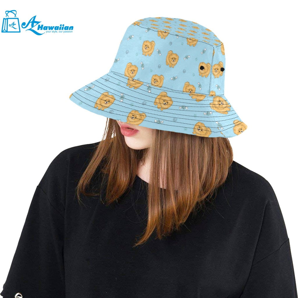 Brown cute pomeranian blue blackground Unisex Bucket Hat