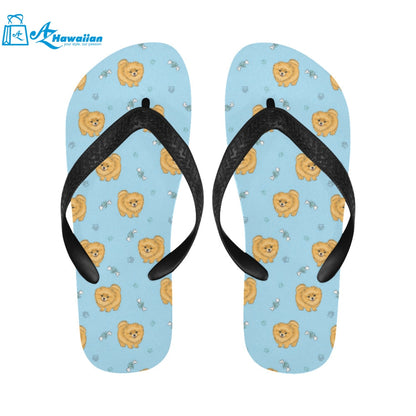 Brown cute pomeranian blue blackground Unisex Flip Flops