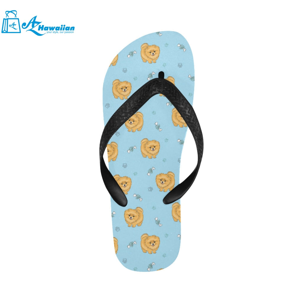 Brown cute pomeranian blue blackground Unisex Flip Flops