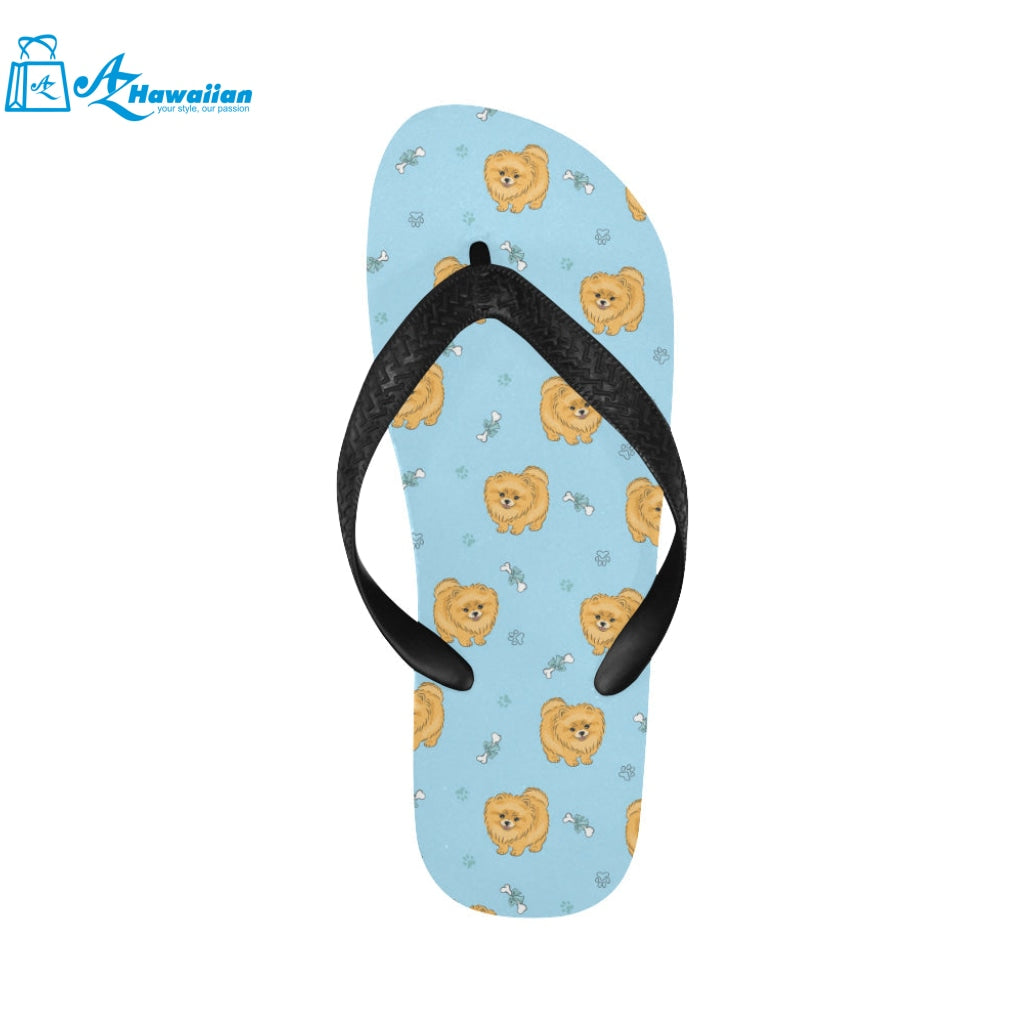 Brown cute pomeranian blue blackground Unisex Flip Flops