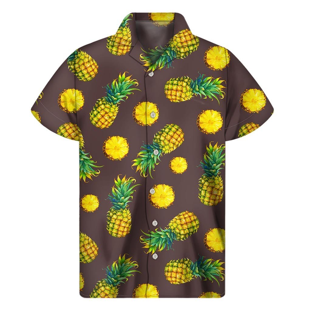 Brown Pineapple Pattern Print Mens Short Sleeve Shirt Hawaiian