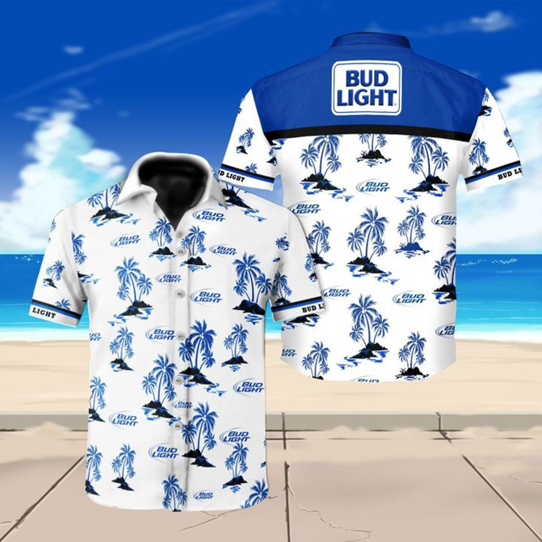 Bud Light Beer Logo Hawaiian Graphic Print Short Sleeve 