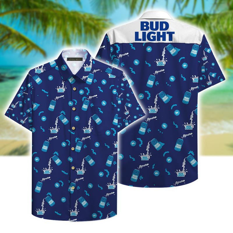 Bud Light Beer Pattern Hawaiian Graphic Print Short Sleeve 