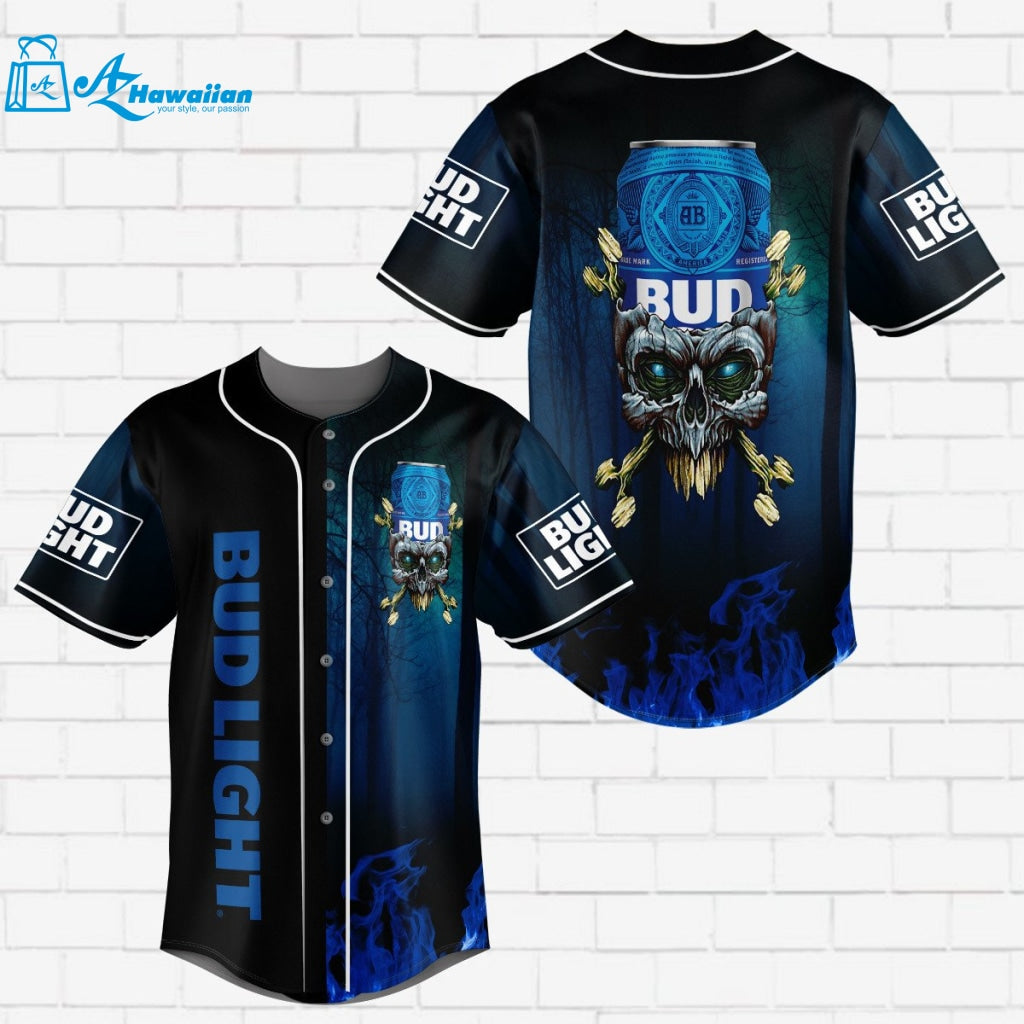 Bud Light Flowery Skull Blue Flame All Over Print Unisex Baseball Jersey 