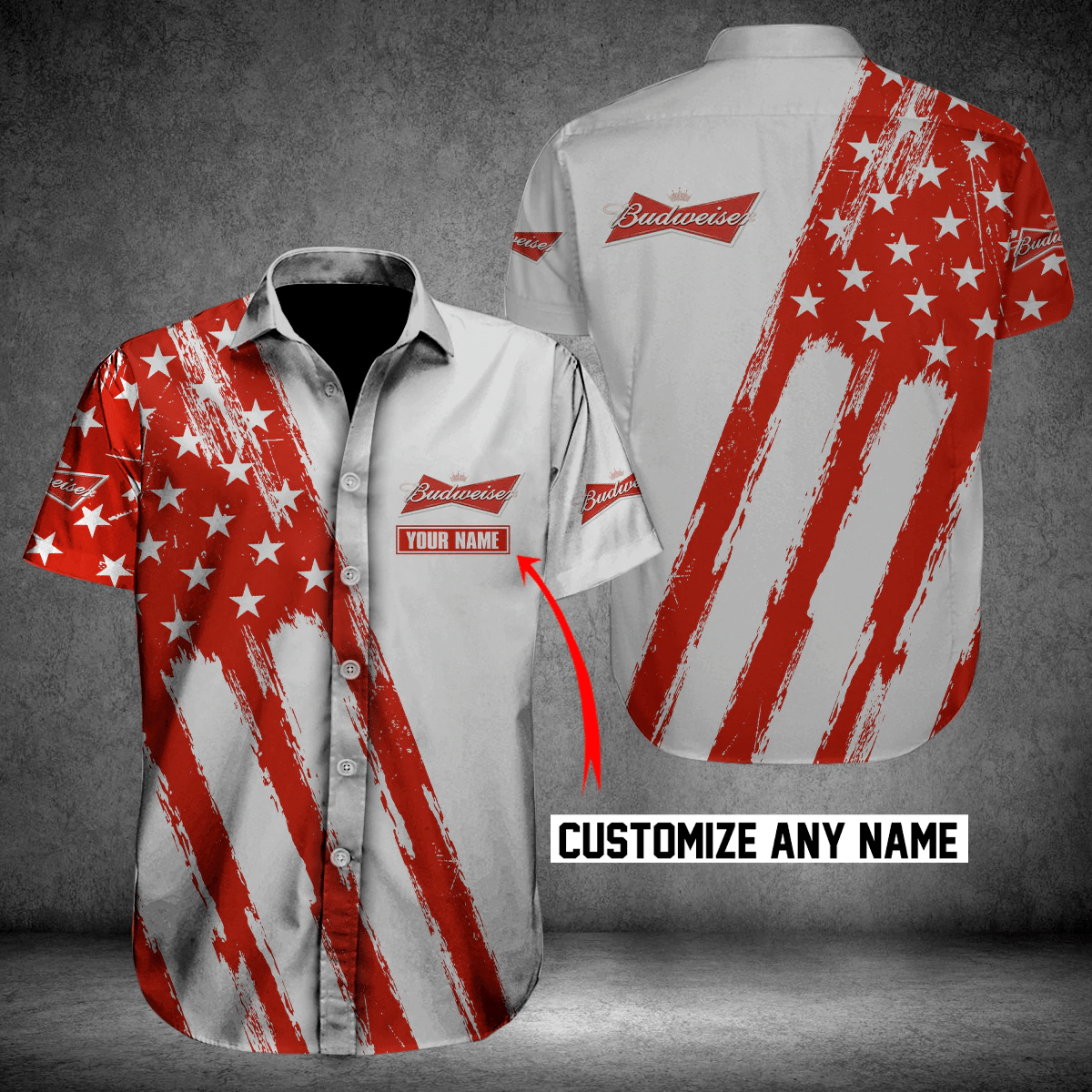 Budweiser American Flag Custom Name Hawaiian Graphic Print Short Sleeve 