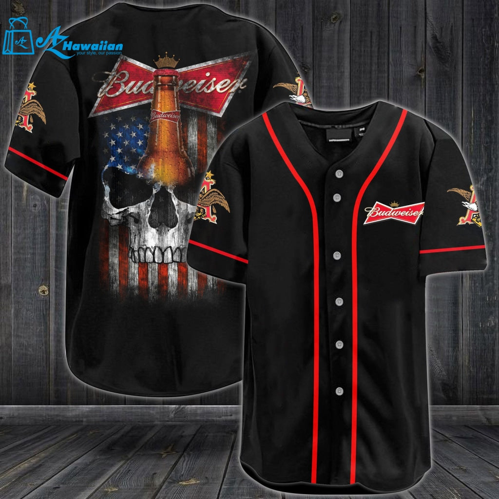 Budweiser USA Flag Skull All Over Print Unisex Baseball Jersey 