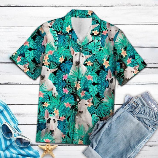 Bull Terrier Dog Summer Hawaiian Graphic Print Short Sleeve 