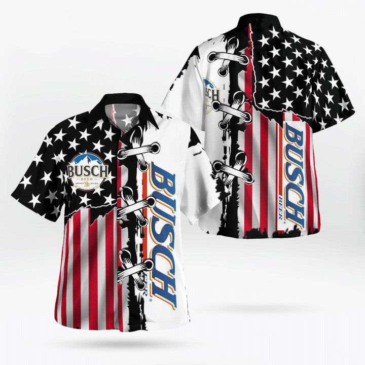 Busch Beer American Flag Hawaiian Graphic Print Short Sleeve 