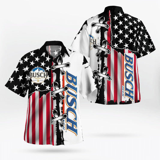 Busch Beer American Flag Hawaiian Graphic Print Short Sleeve 