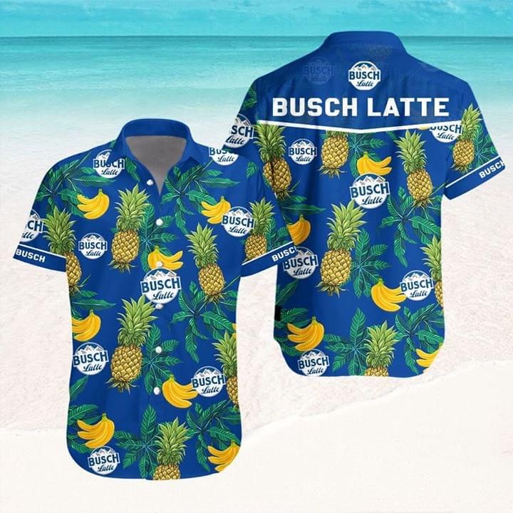 Busch Latte Beer Banana Pineapple Hawaiian Graphic Print Short Sleeve 