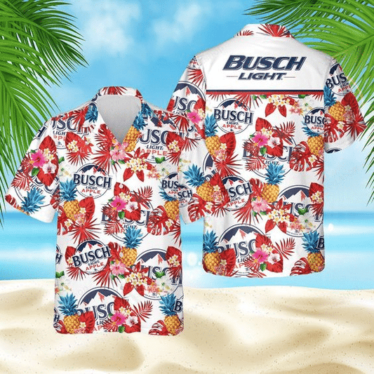 Busch Light Apple Pineapple Hawaiian Graphic Print Short Sleeve 