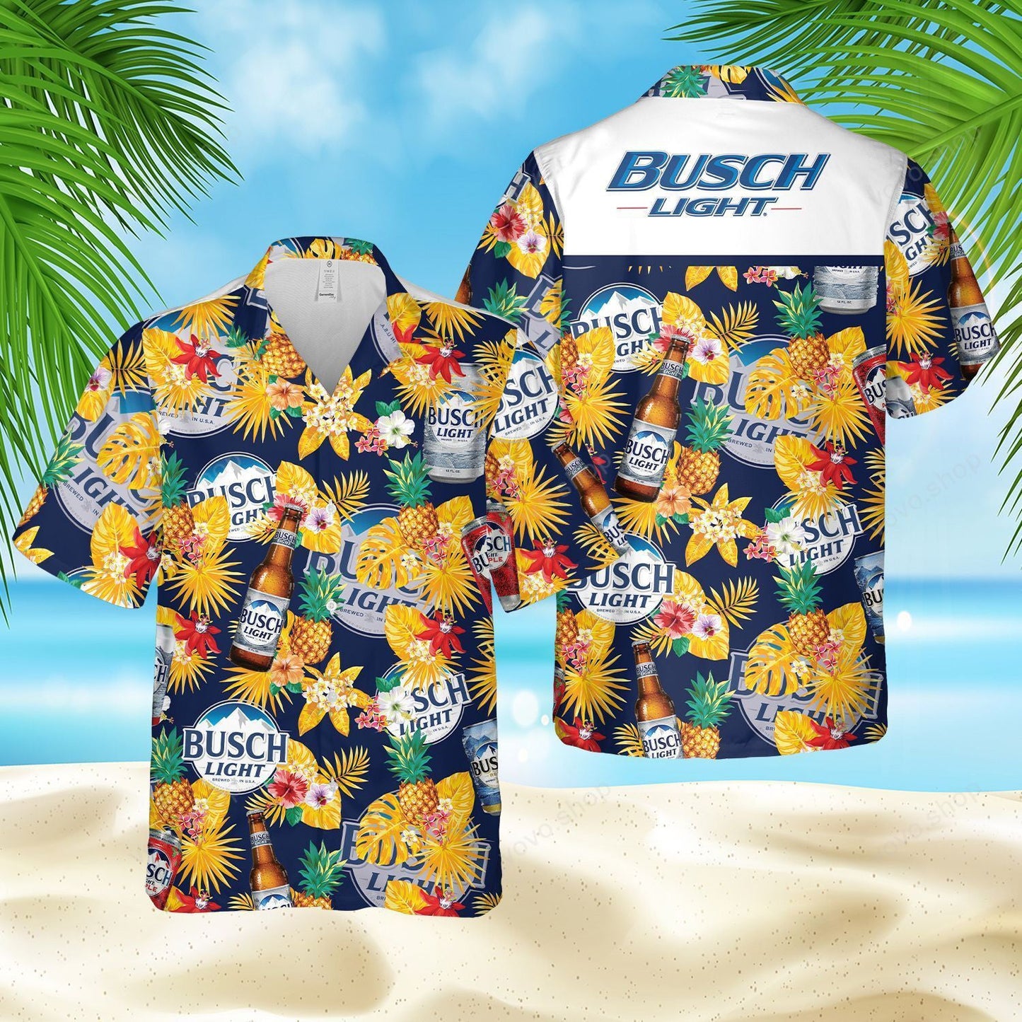 Busch Light Beer Floral Hawaiian Graphic Print Short Sleeve 