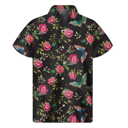 Butterfly And Flower Pattern Print Mens Short Sleeve Shirt Hawaiian