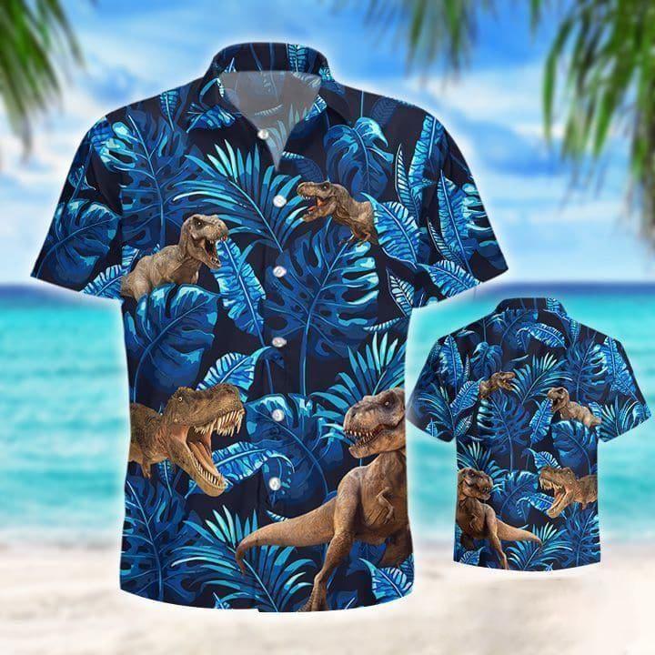 Dinosaurs T-rex Blue Tropical Hawaiian Aloha Shirts #DH