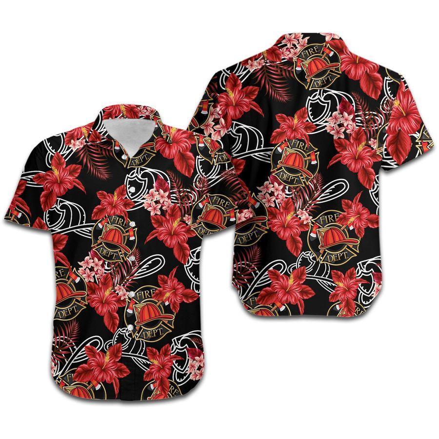 Hawaiian Aloha Shirts Firefighter Tropical Red Hibiscus Flowers