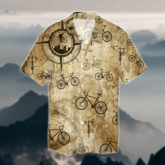 Bicycle Compass Map Vintage Unisex Hawaiian Aloha Shirts