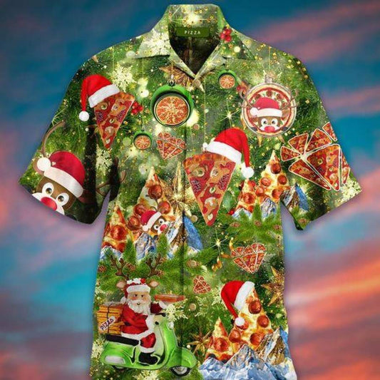 Santa Pizza Merry Christmas Green Hawaiian Shirts