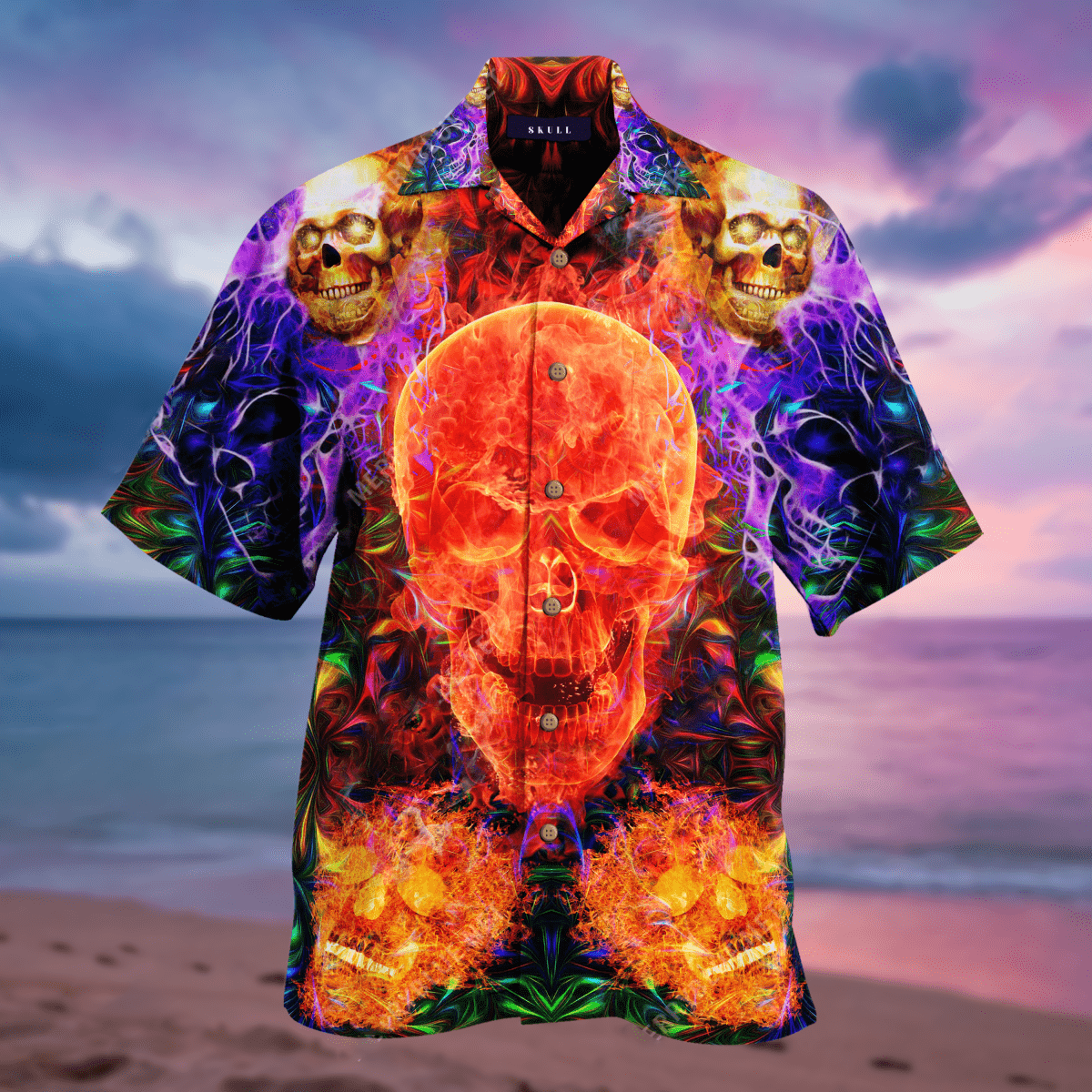 Dark Flame Skull On Fire Colorful Unisex Hawaiian Aloha Shirts #DH