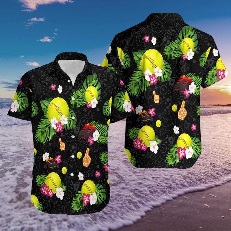 Softball Black Hawaiian Aloha Shirts #149dh