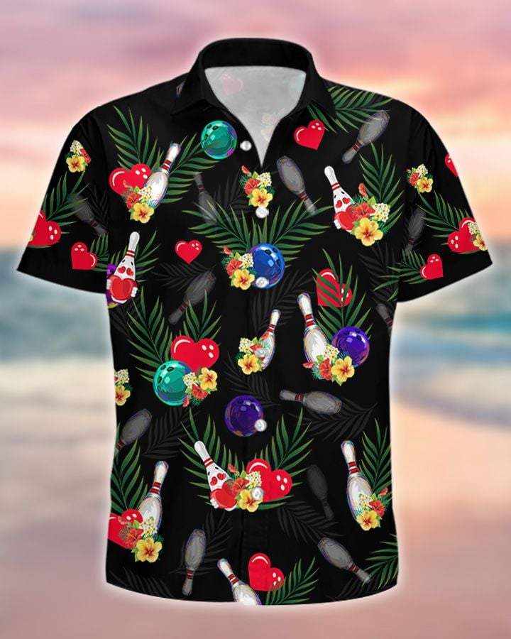 Simple Tropical Bowling Heart Black Unisex Hawaiian Aloha Shirts