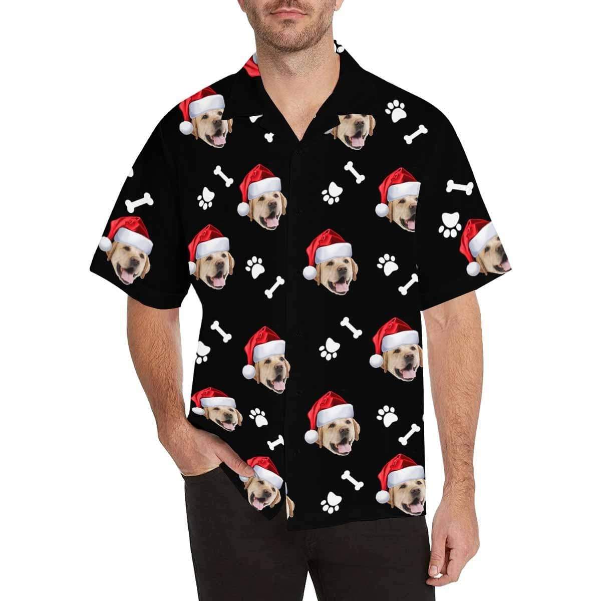 Custom Face Dog Bone Christmas Hat Men's All Over Print Hawaiian Shirt