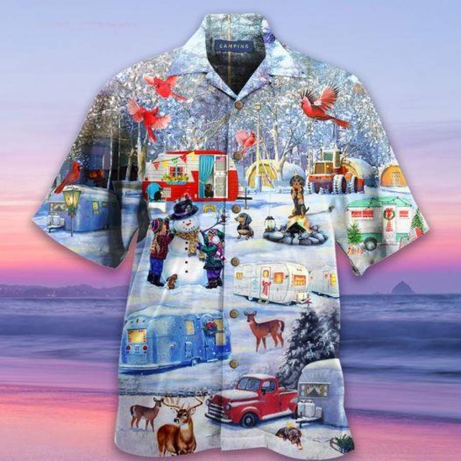 Camping Car Under Snow Christmas Days Unisex Hawaiian Aloha Shirts