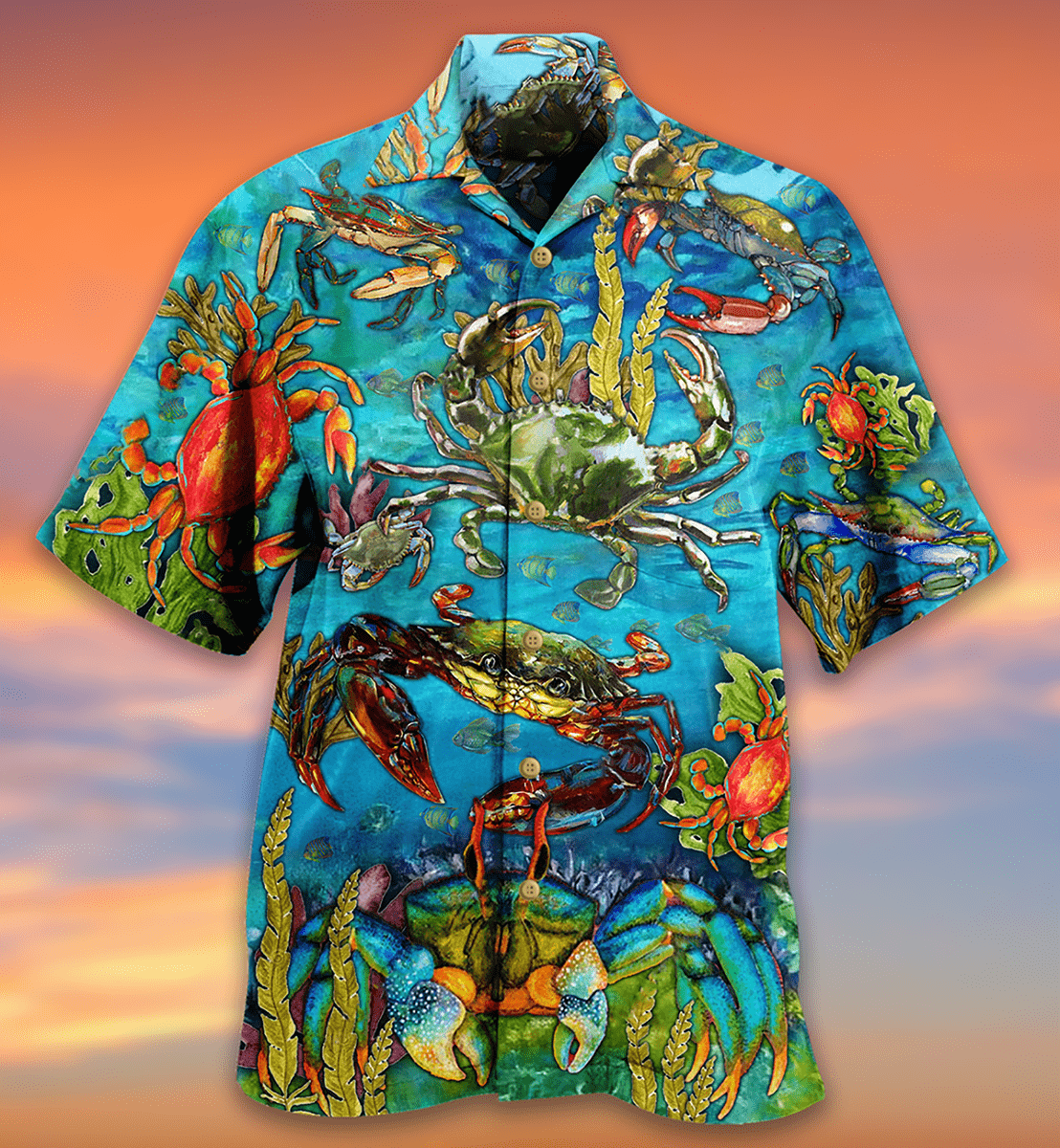 Hawaiian Aloha Shirts Crab Love Ocean Blue