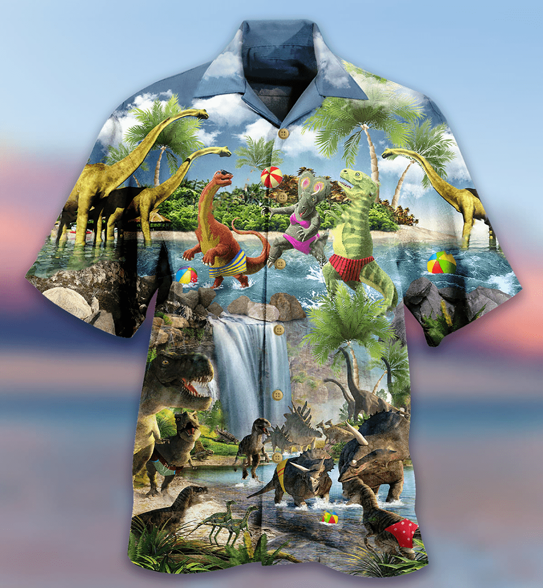 Dinosaur Love Swimming Love Beach Unisex Hawaiian Aloha Shirts