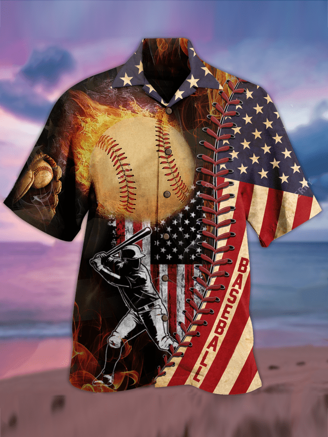 Vintage US Flag Baseball Player Hawaiian Aloha Shirts #DH