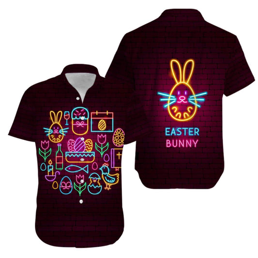 Bunny Icon Neon Happy Easter Day Hawaiian Aloha Shirts  #V