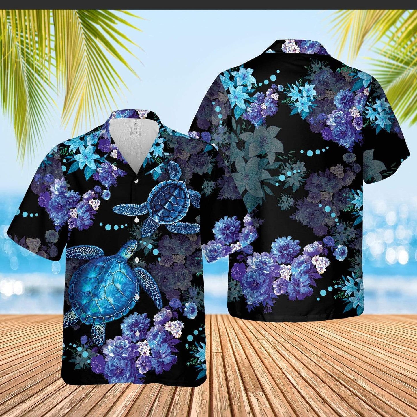 Hawaiian Aloha Shirts Blue Turtle Flower #140621V