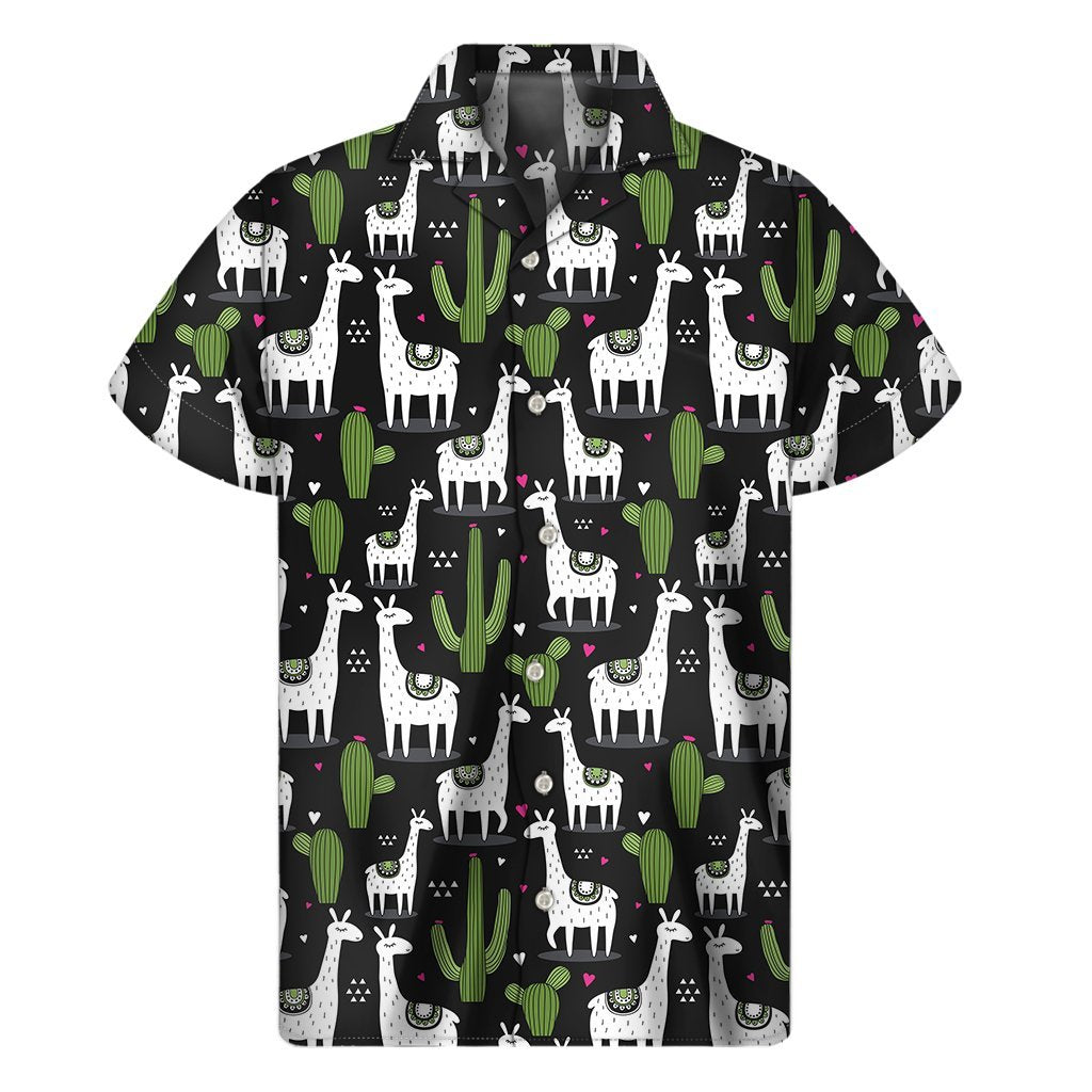 Cactus And Llama Pattern Print Mens Short Sleeve Shirt Hawaiian