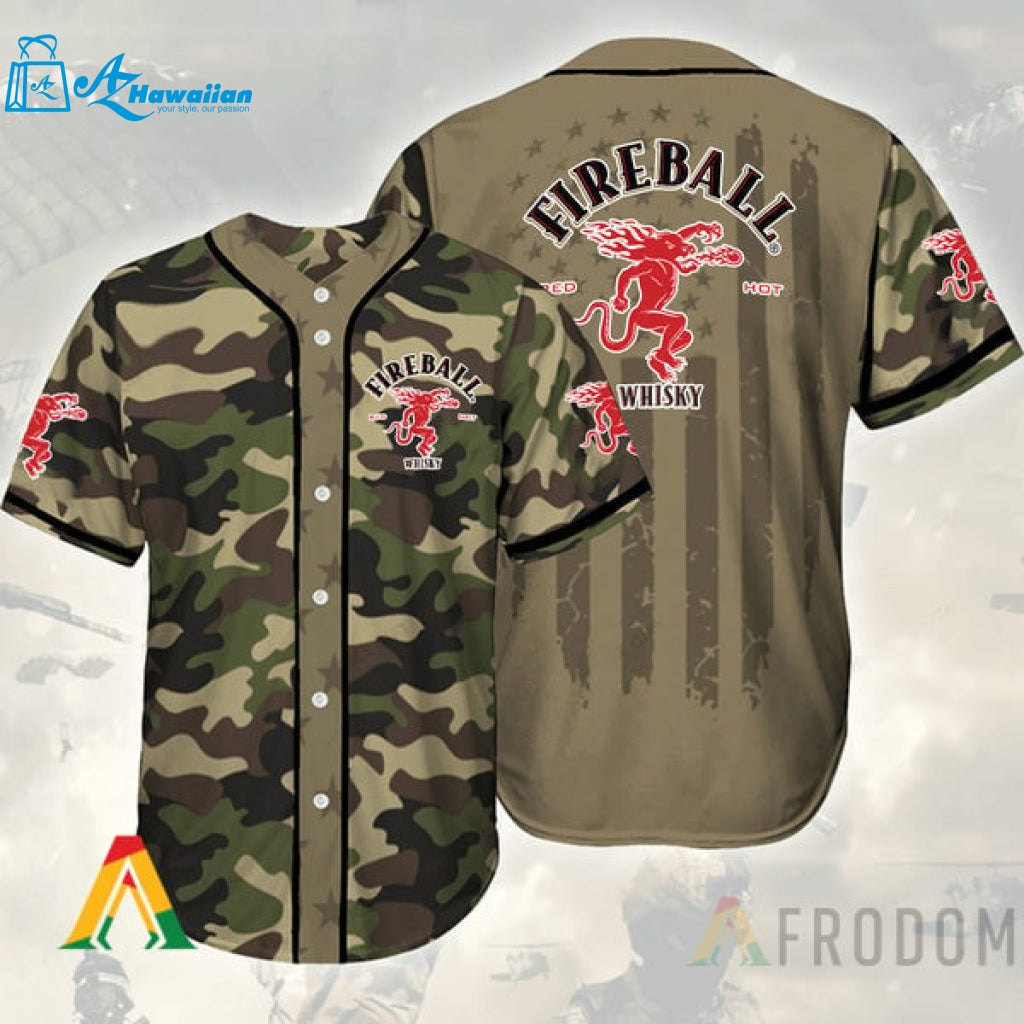 Camouflage Green Brown Fireball Cinnamon Whisky Baseball Jersey