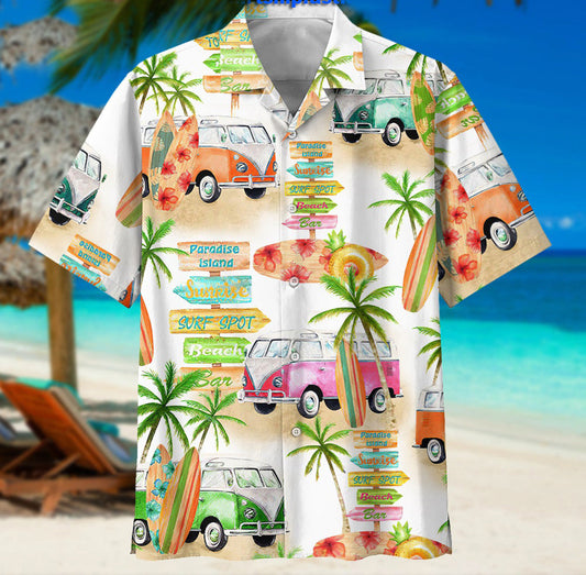 Camper Van and Beach Hawaiian Graphic Print Short Sleeve 